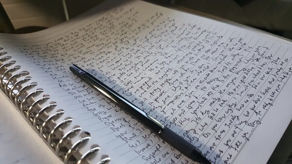 A spiral notebook filled with handwritten notes, with a black pen resting on the page