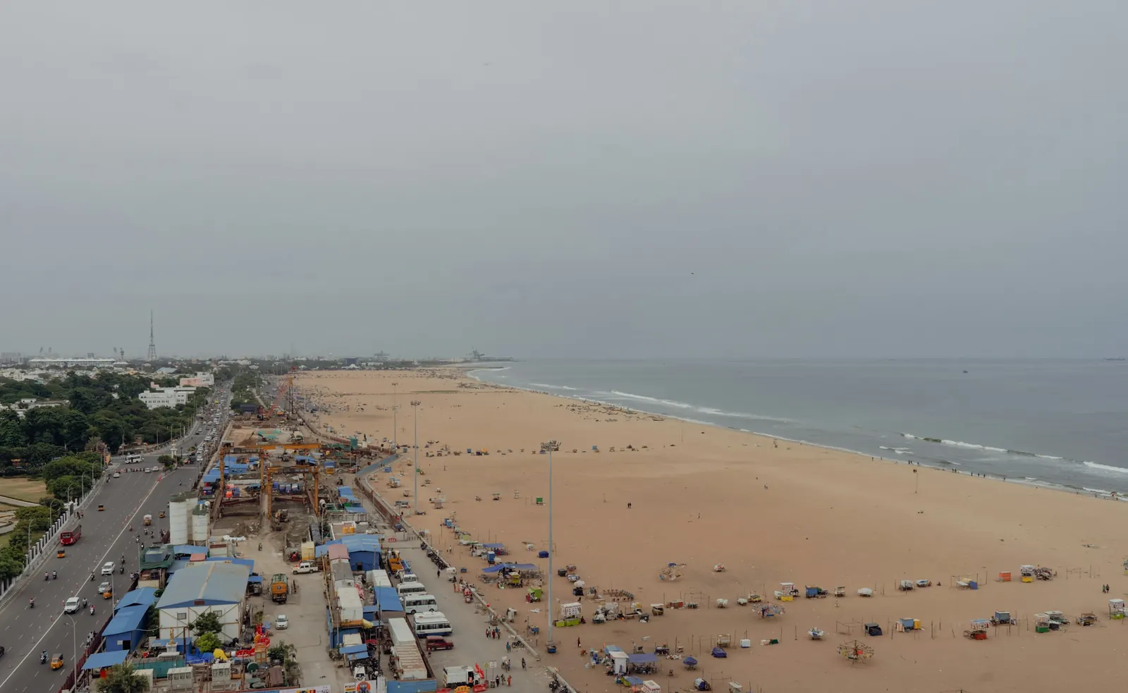 Aerial view of the beach and seafront road in Chennai